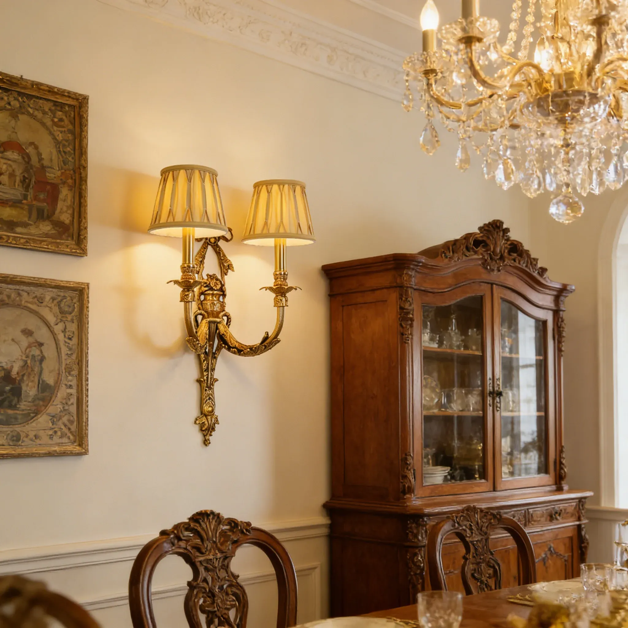 מנורת קיר פליז בסגנון צרפתי עם קריסטל דקורטיבי