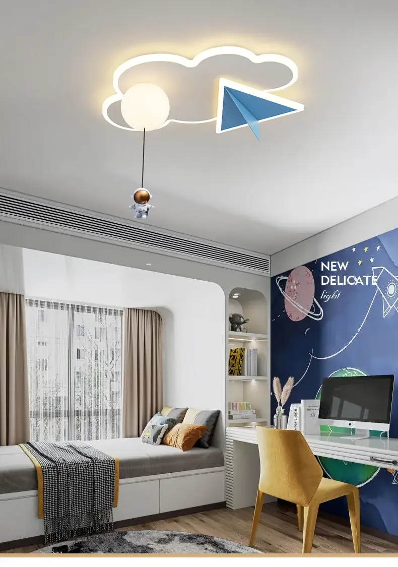 מנורת תקרה אסטרונאוט מטוס וענן ורודה דימרית לחדר ילדים