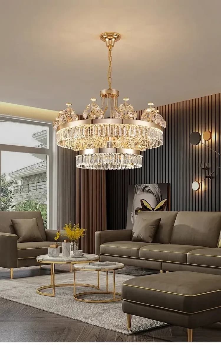 נברשת קריסטל דו שכבתית בזהב לסלון