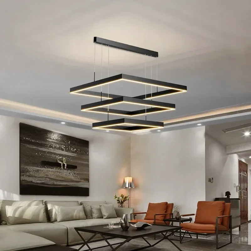 מנורה תלויה ריבוע מודרנית שחורה עם עמעום ושלט