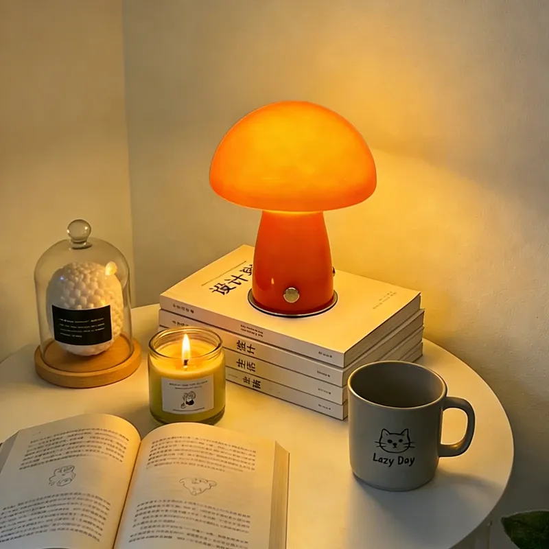 מנורת שולחן פטרייה מזכוכית עם עמעום במגע