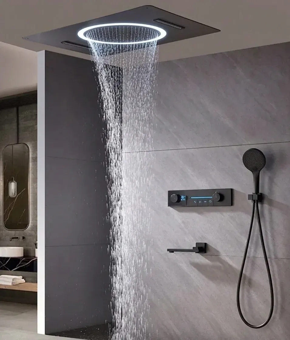 מערכת מקלחת תרמוסטטית מרובעת בגימור שחור מט