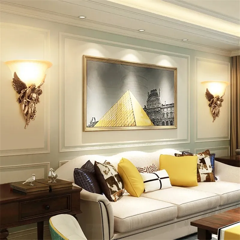 מנורת קיר מלאך זוגי משרף וזכוכית צבעונית E27