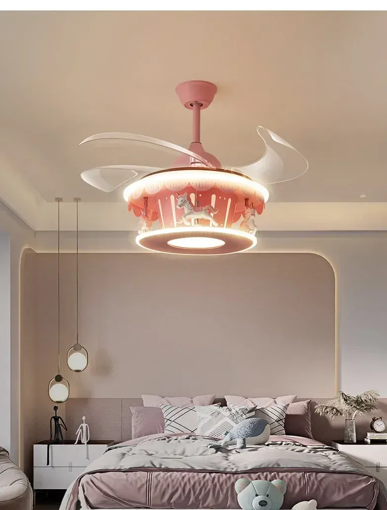 מנורת תקרה קרוסלת נסיכה ורודה עם מאוורר נסתר
