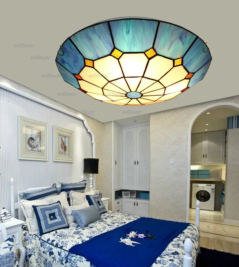 מנורת תקרה טיפאני ים תיכונית מזכוכית צבעונית