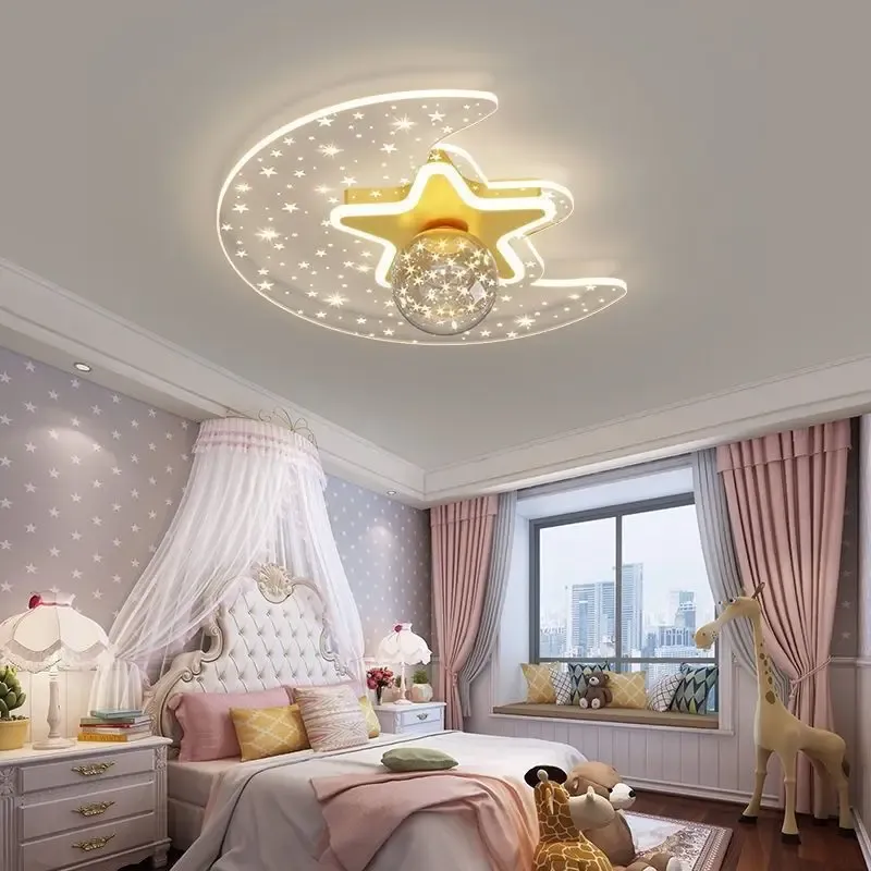 מנורת תקרה ירח וכוכבים ורודה דימרית לחדר ילדים