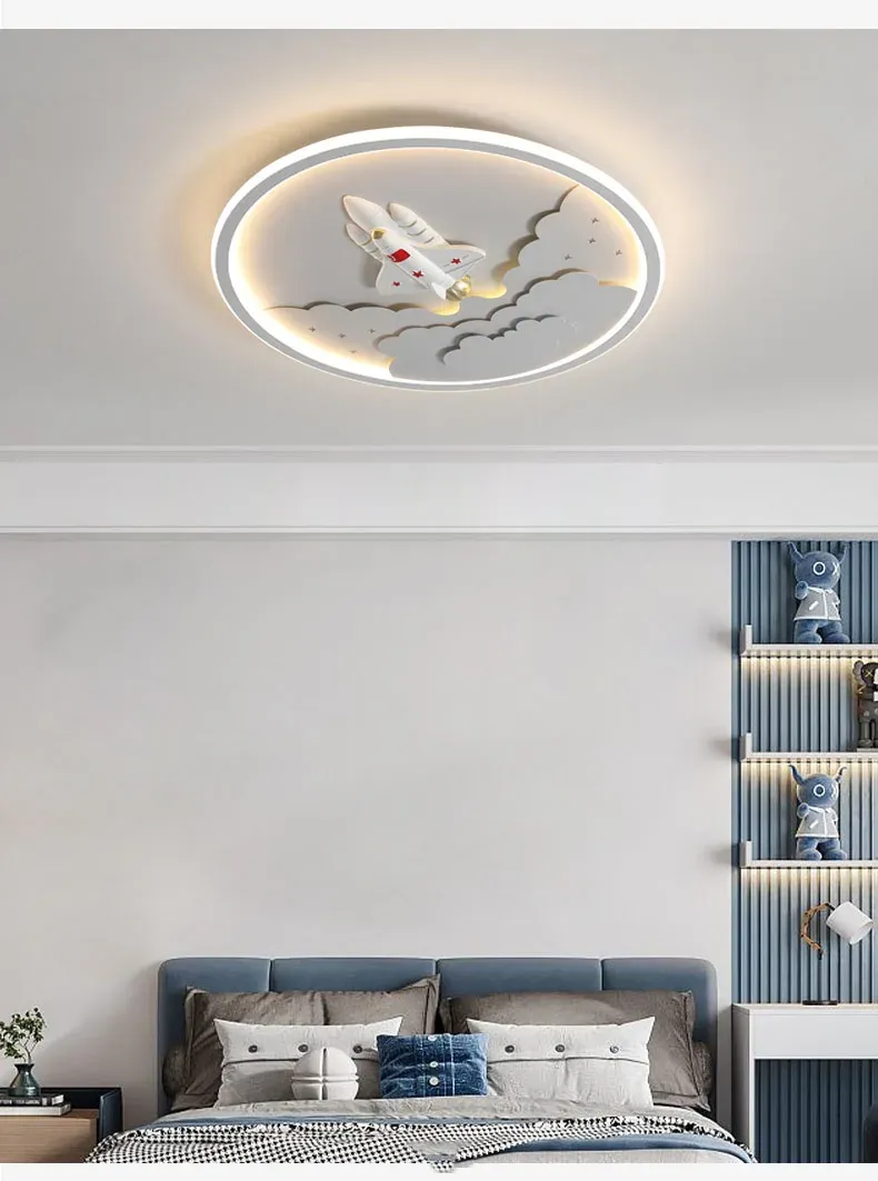 מנורת תקרה רקטה לבנה דימרית עם שלט לחדר ילדים