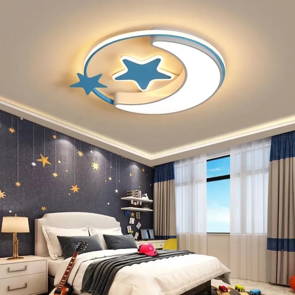 מנורת תקרה ירח וכוכב כחולה לחדר ילדים