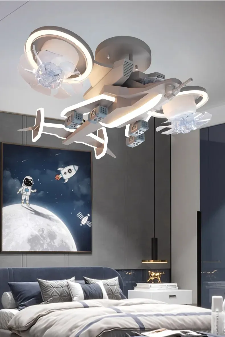 מאוורר תקרה מטוס חכם עם תאורת לד ושלט לחדר ילדים