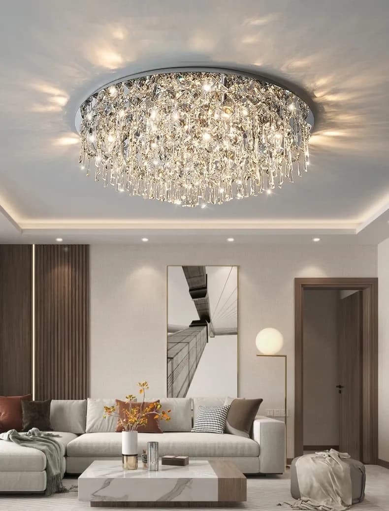 נברשת קריסטל כדורית צמודת תקרה בגימור פלדה מבריקה