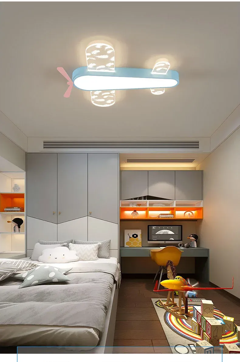 מנורת תקרה מטוס נוצות כחולה עם שלט לחדר ילדים