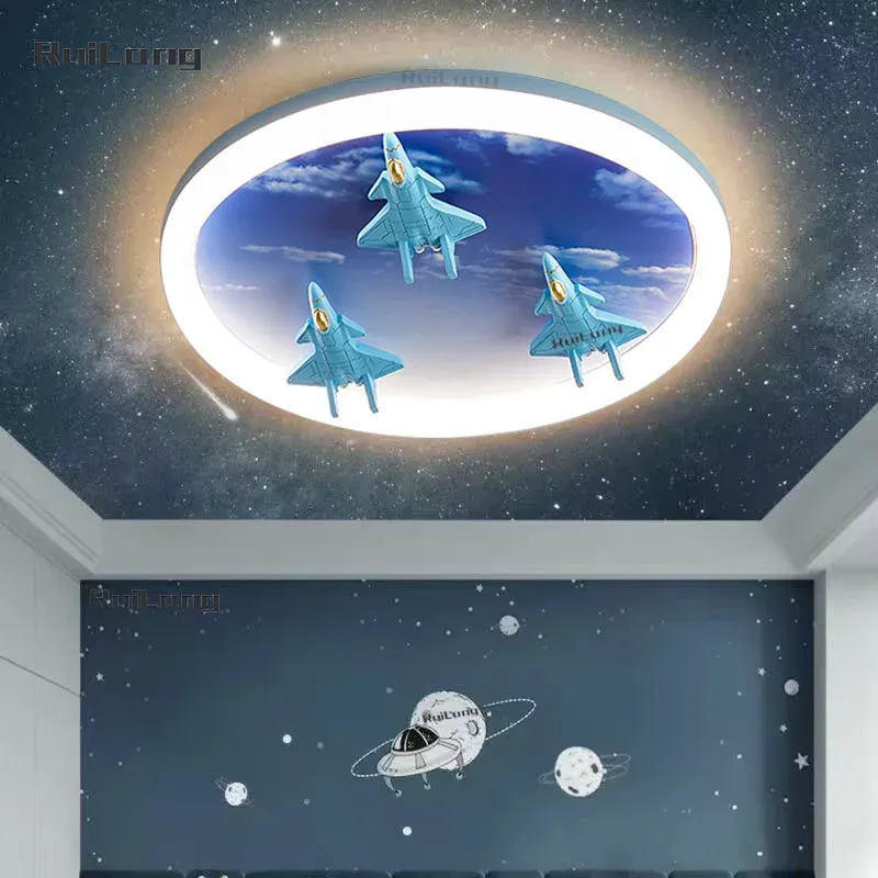 מנורת תקרה מטוס סילון כחולה עם שלט לחדר ילדים