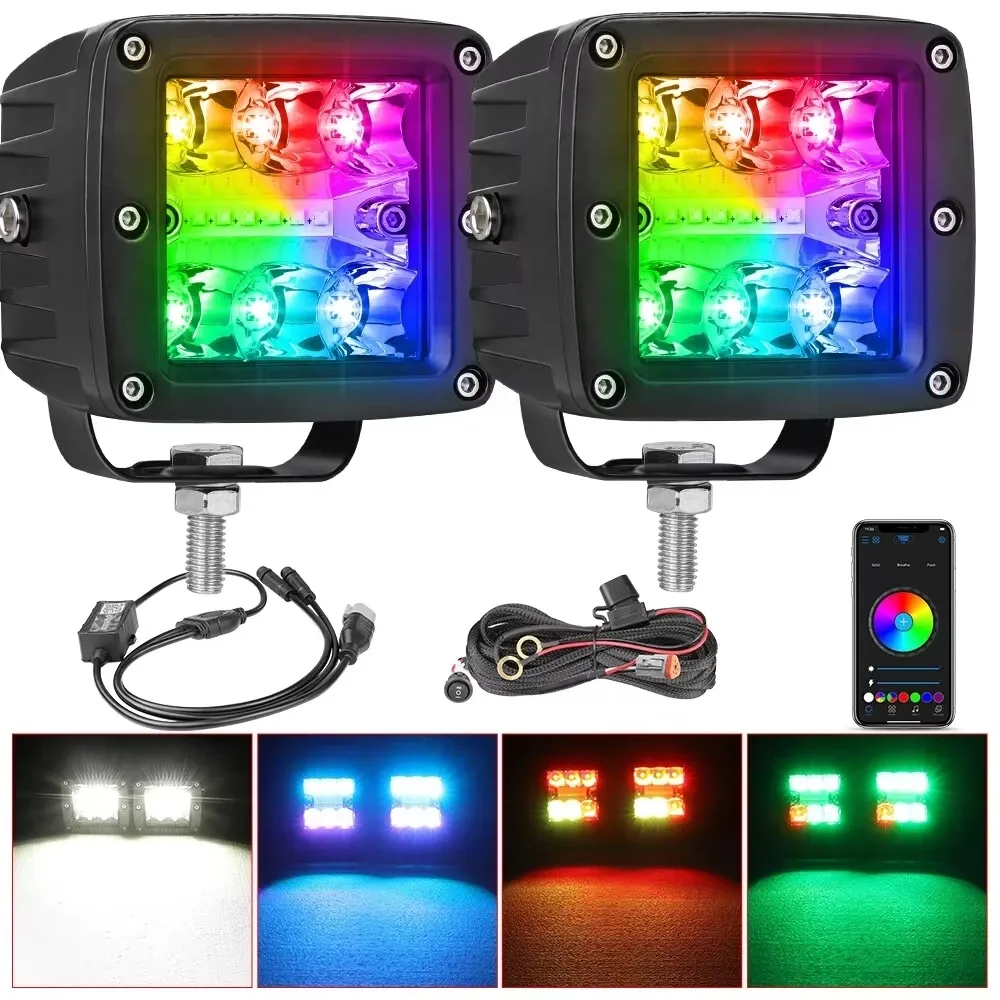 זוג פנסי לד קובייה 3 אינץ' עם תאורת RGB דינמית