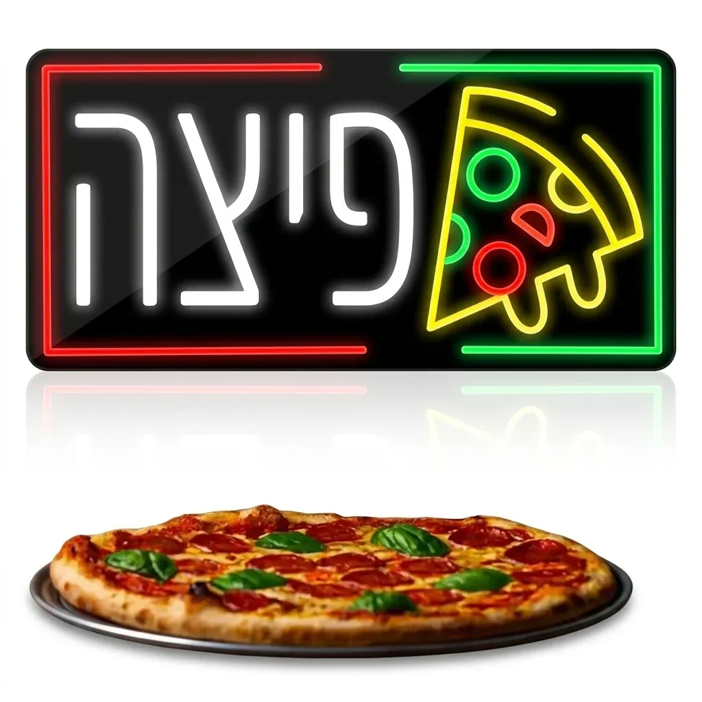 שלט ניאון פיצה מואר בעברית